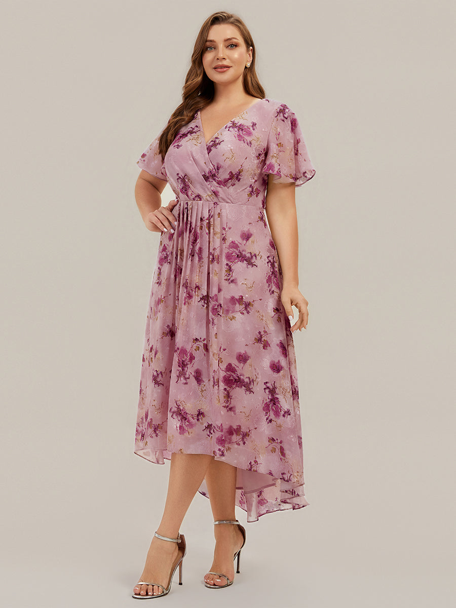 Color=Light Purple Print | Fast Delivery Short Sleeve Ruffle V-Neck Polka Dot A-Line High-Low Wedding Guest Dresses-Light Purple Print 29