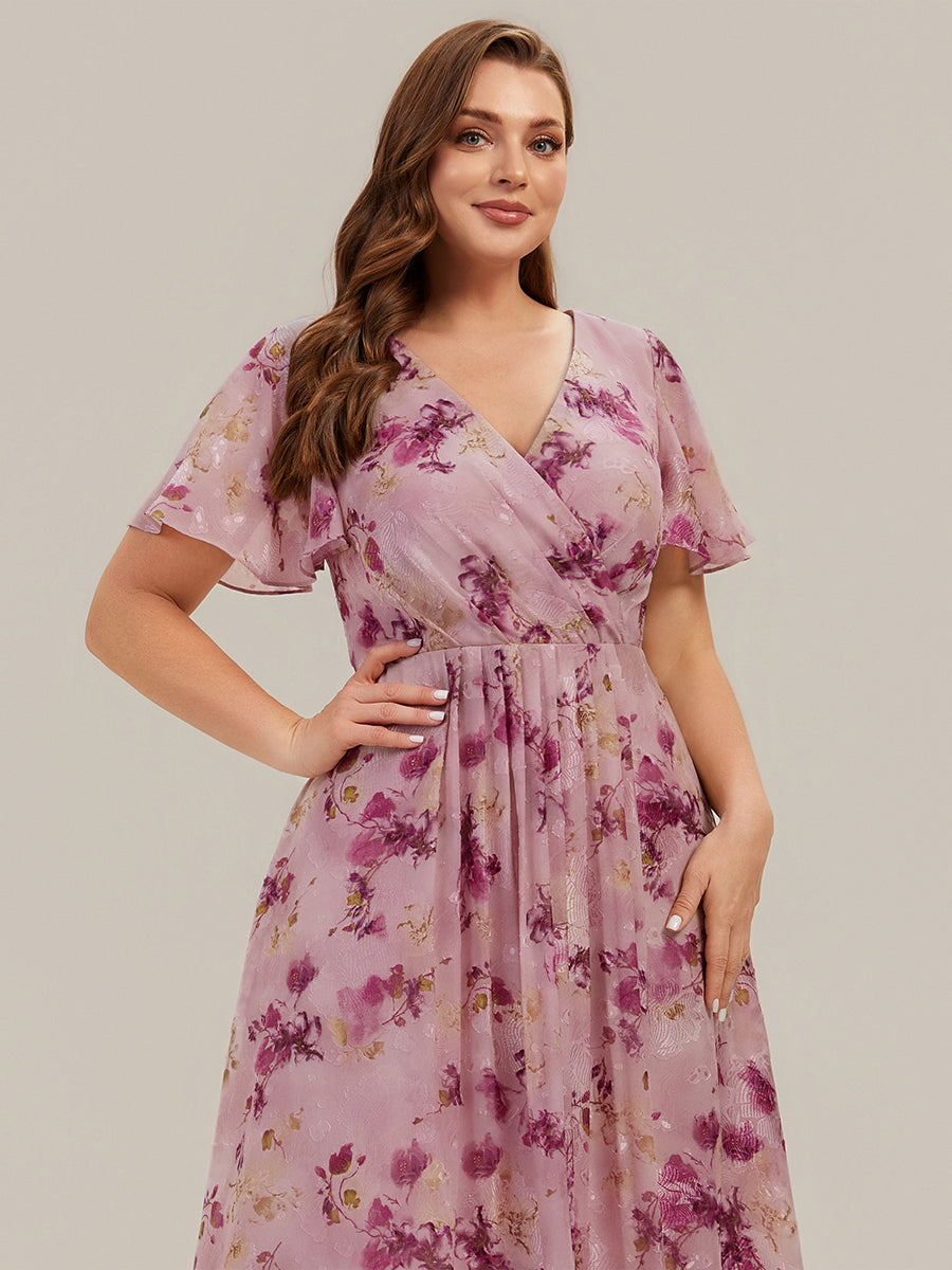 Color=Light Purple Print | Fast Delivery Short Sleeve Ruffle V-Neck Polka Dot A-Line High-Low Wedding Guest Dresses-Light Purple Print 28
