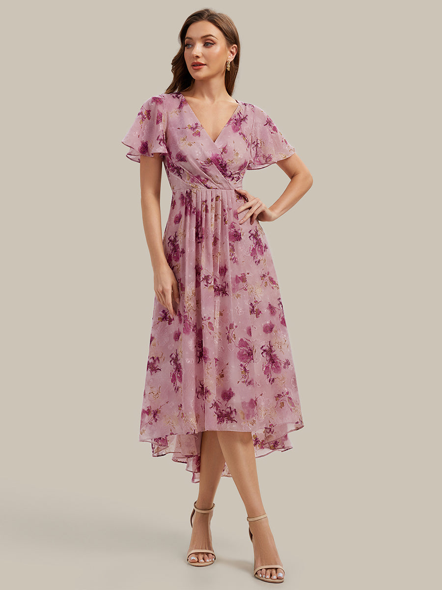 Color=Light Purple Print | Fast Delivery Short Sleeve Ruffle V-Neck Polka Dot A-Line High-Low Wedding Guest Dresses-Light Purple Print 21