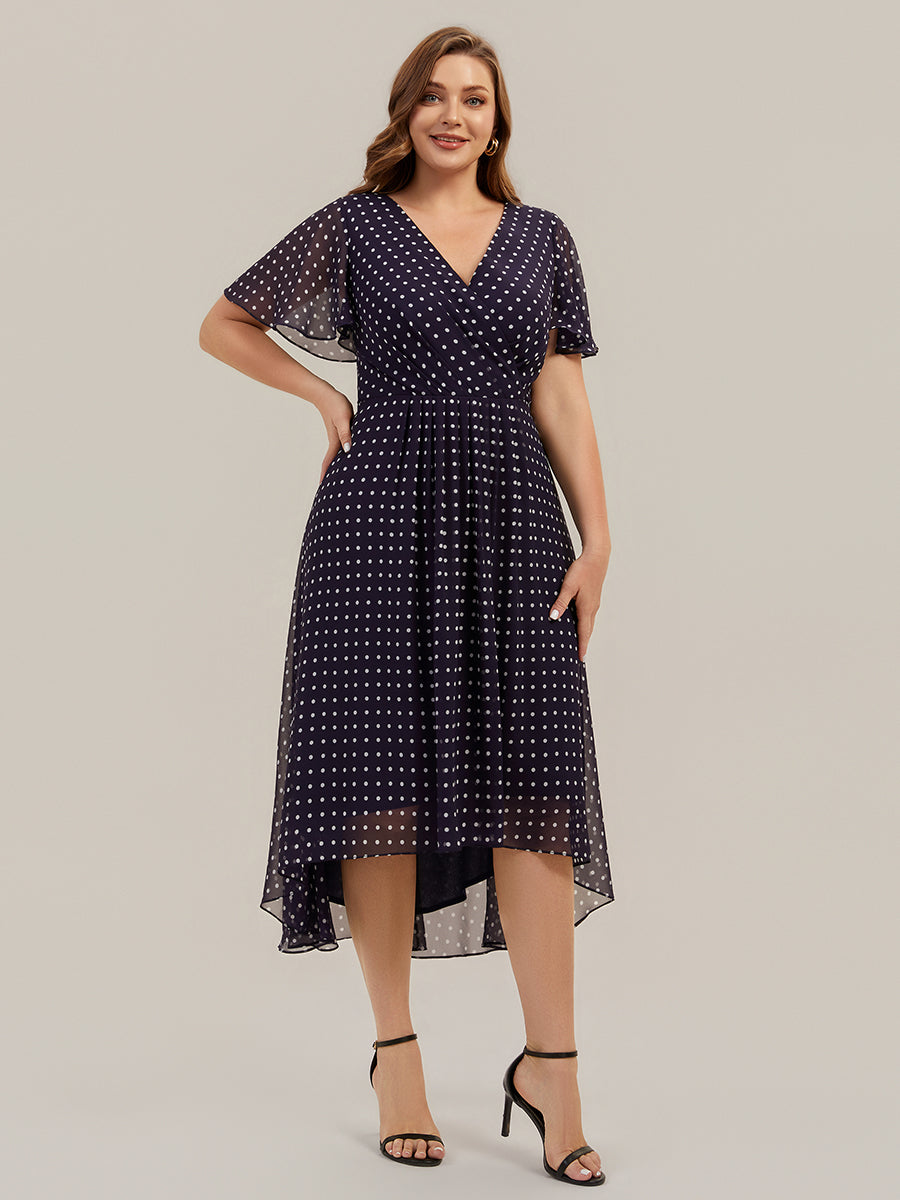 Color=Navy blue polka dots | Fast Delivery Short Sleeve Ruffle V-Neck Polka Dot A-Line High-Low Wedding Guest Dresses-Navy blue polka dots 39