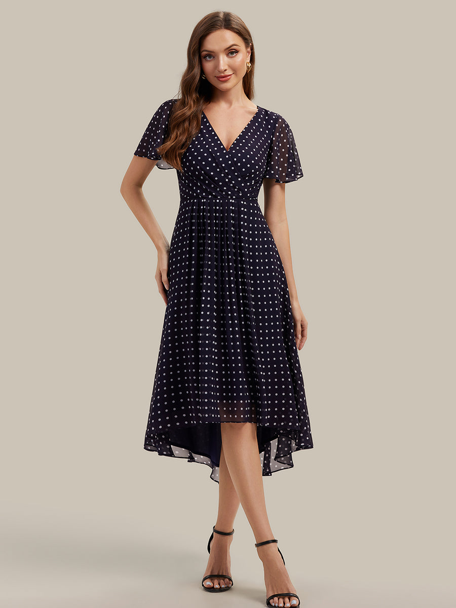 Color=Navy blue polka dots | Fast Delivery Short Sleeve Ruffle V-Neck Polka Dot A-Line High-Low Wedding Guest Dresses-Navy blue polka dots 35