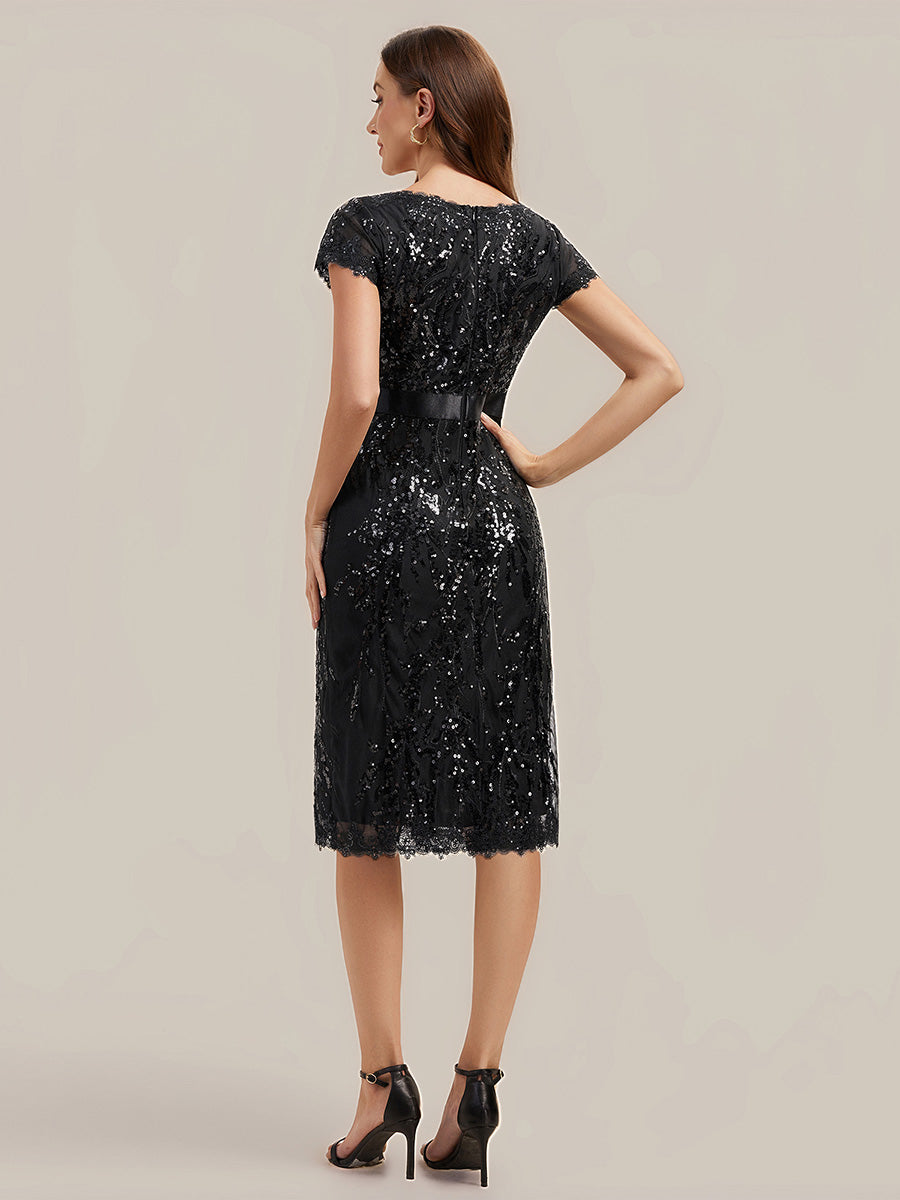Color=Black | Industrial Use Short Sleeve Sequin Deep V-Neck Sheath Knee Length Wedding Guest Dresses-Black 2