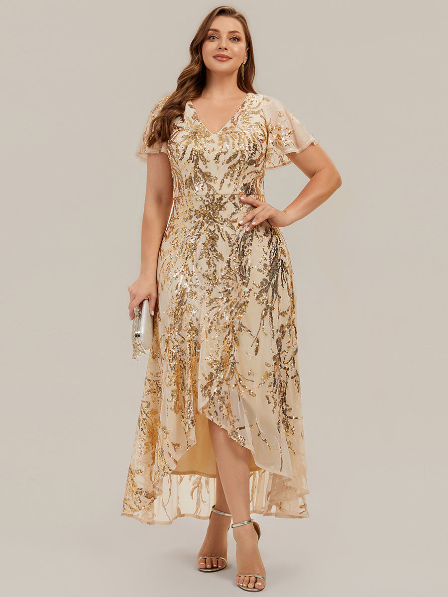Color=Gold | One Stop Shop Short Sleeve Ruffle Sequin V-Neck High-Low Wedding Guest Dresses-Gold 6