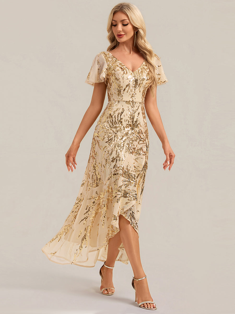 Color=Gold | One Stop Shop Short Sleeve Ruffle Sequin V-Neck High-Low Wedding Guest Dresses-Gold 4