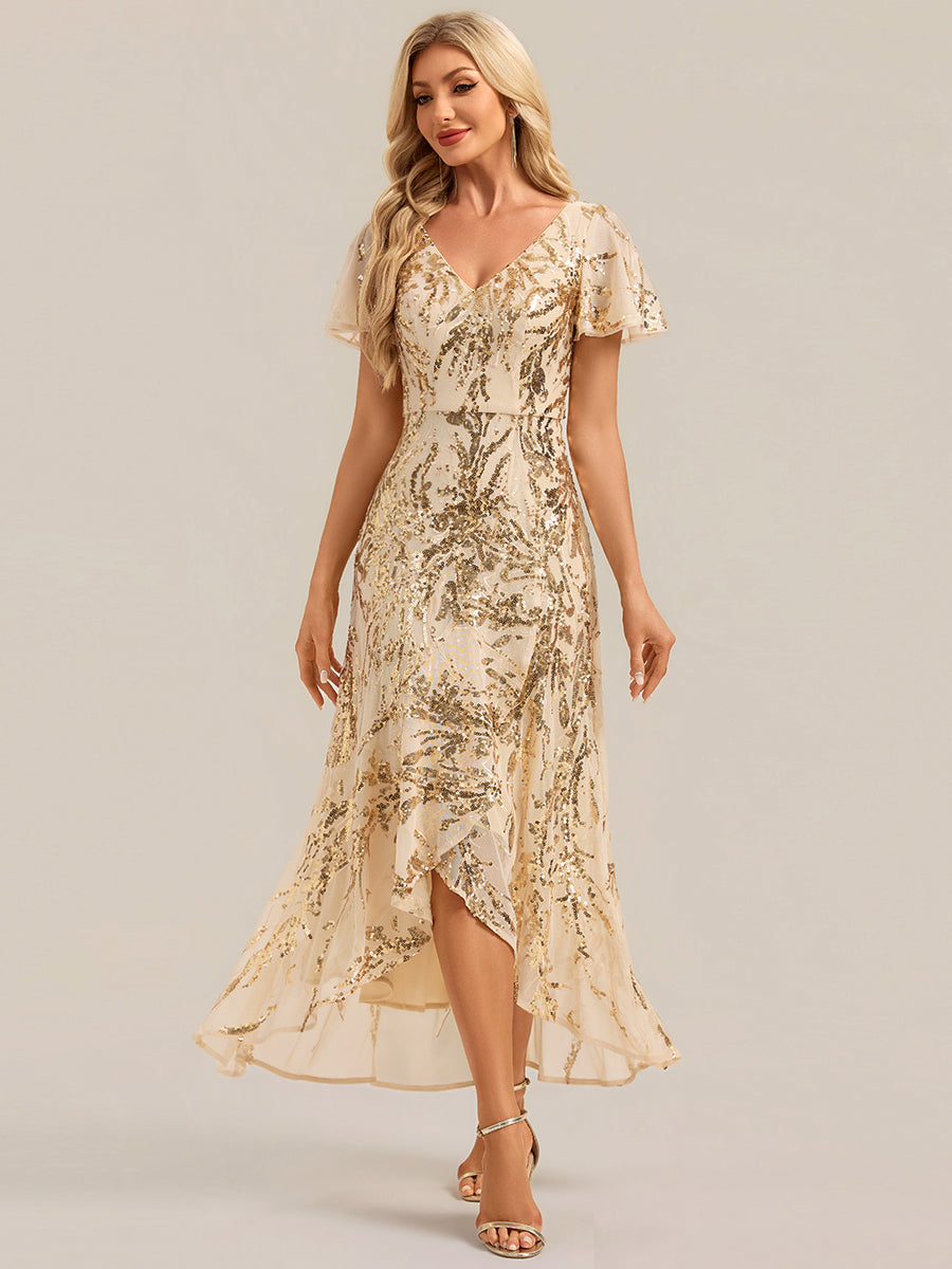 Color=Gold | One Stop Shop Short Sleeve Ruffle Sequin V-Neck High-Low Wedding Guest Dresses-Gold 5