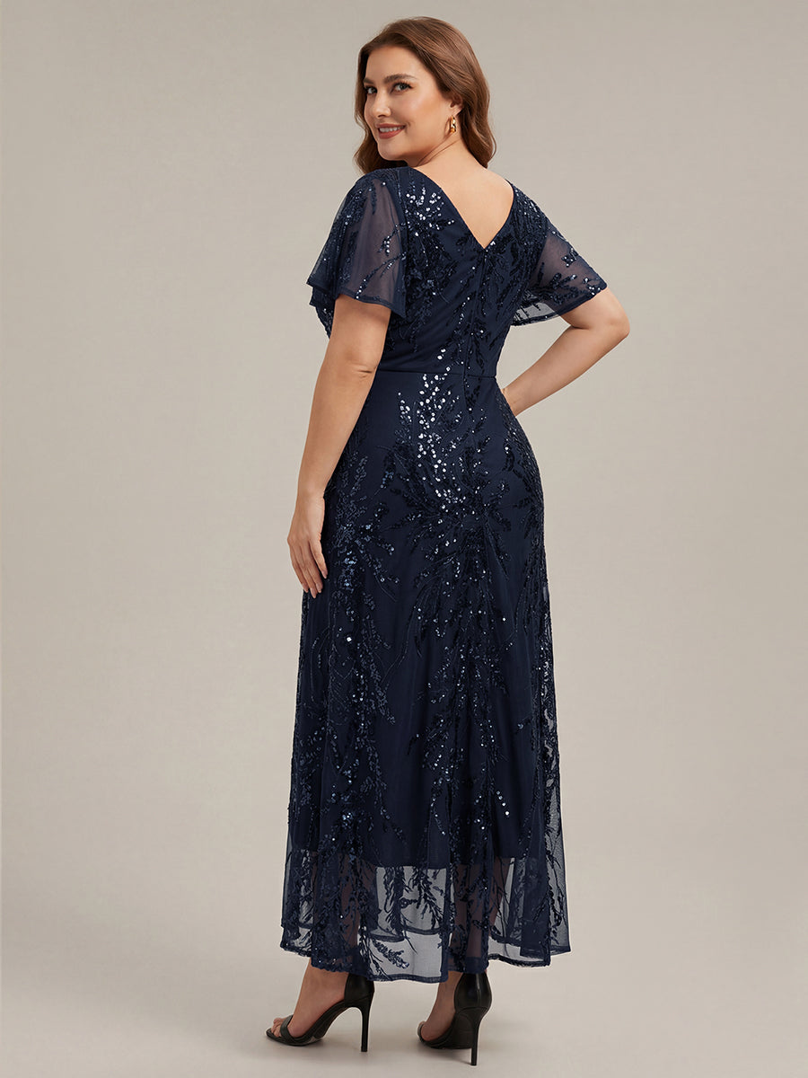 Color=Navy Blue | One Stop Shop Short Sleeve Ruffle Sequin V-Neck High-Low Wedding Guest Dresses-Navy Blue 17