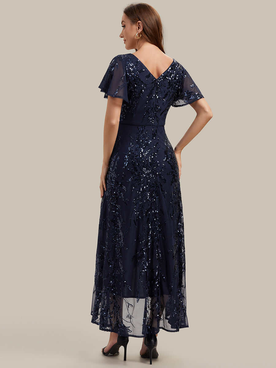 Color=Navy Blue | One Stop Shop Short Sleeve Ruffle Sequin V-Neck High-Low Wedding Guest Dresses-Navy Blue 12