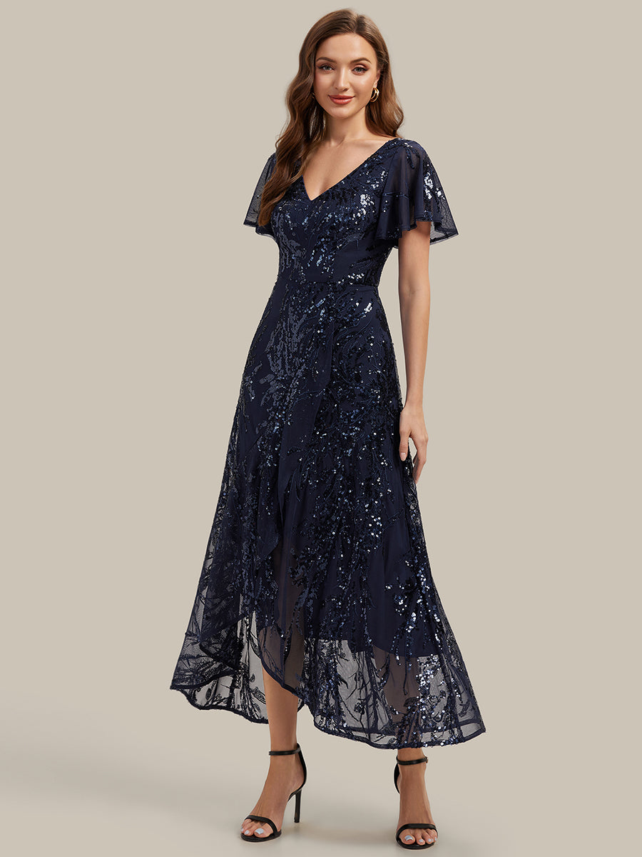 Color=Navy Blue | One Stop Shop Short Sleeve Ruffle Sequin V-Neck High-Low Wedding Guest Dresses-Navy Blue 14