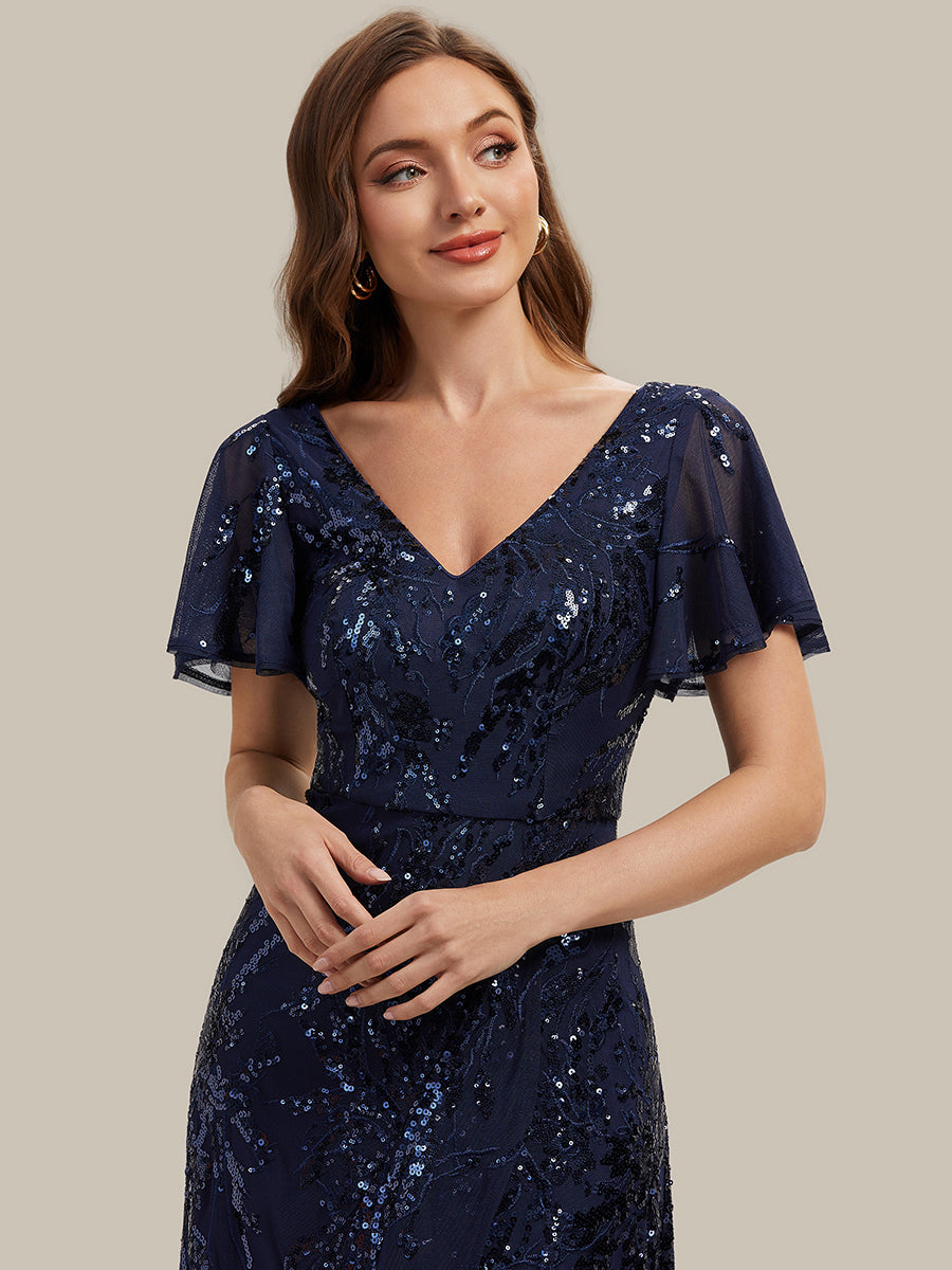 Color=Navy Blue | One Stop Shop Short Sleeve Ruffle Sequin V-Neck High-Low Wedding Guest Dresses-Navy Blue 13