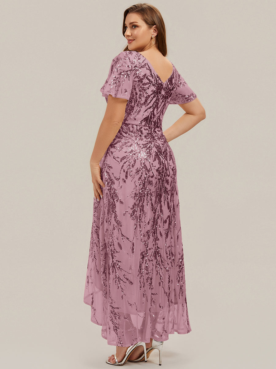 Color=Purple Orchid | One Stop Shop Short Sleeve Ruffle Sequin V-Neck High-Low Wedding Guest Dresses-Purple Orchid 27