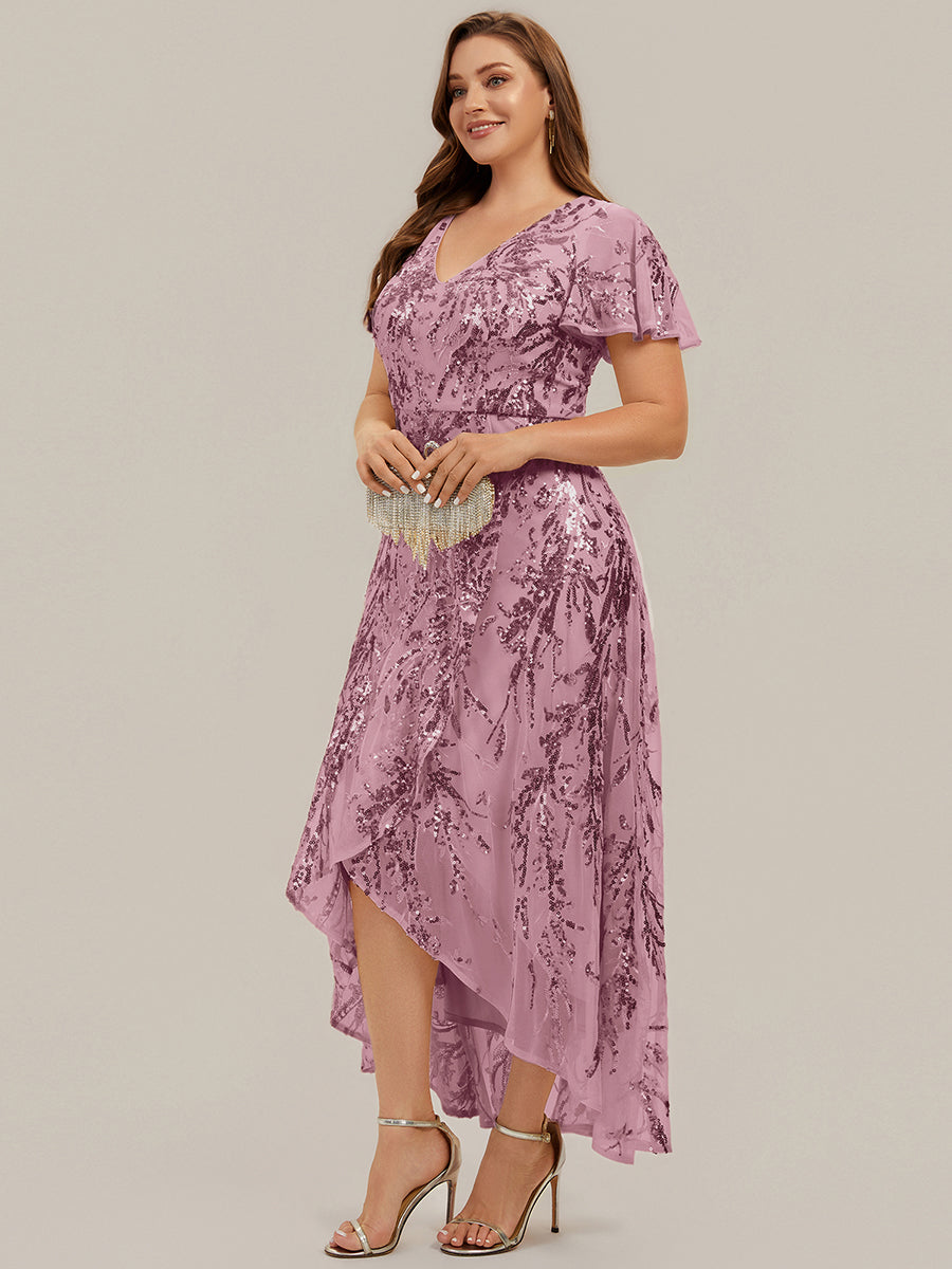 Color=Purple Orchid | One Stop Shop Short Sleeve Ruffle Sequin V-Neck High-Low Wedding Guest Dresses-Purple Orchid 29