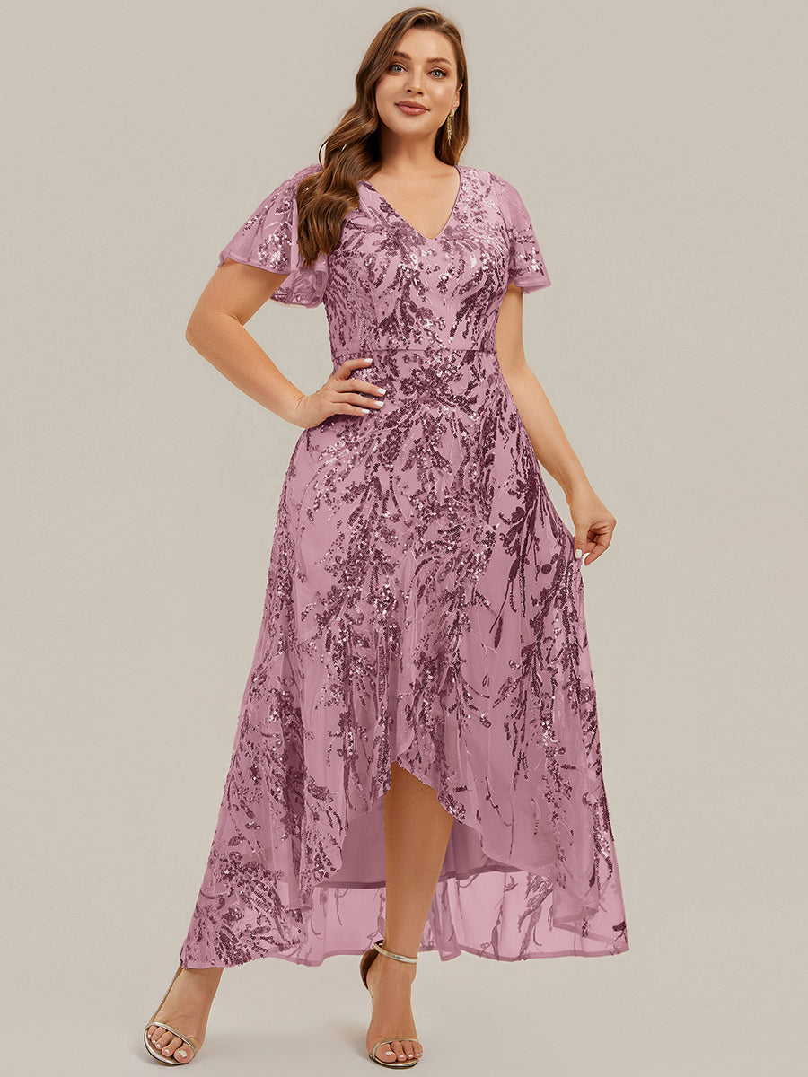 Color=Purple Orchid | One Stop Shop Short Sleeve Ruffle Sequin V-Neck High-Low Wedding Guest Dresses-Purple Orchid 30