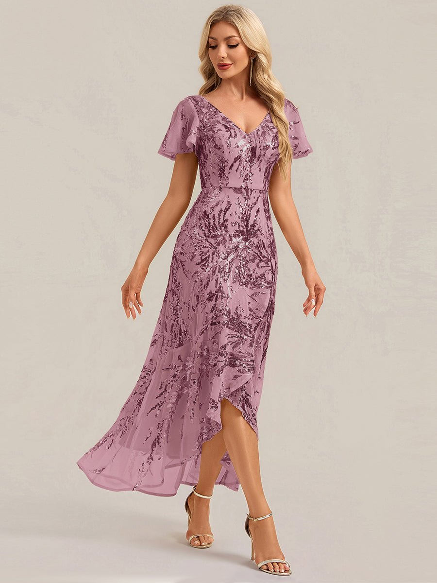 Color=Purple Orchid | One Stop Shop Short Sleeve Ruffle Sequin V-Neck High-Low Wedding Guest Dresses-Purple Orchid 24