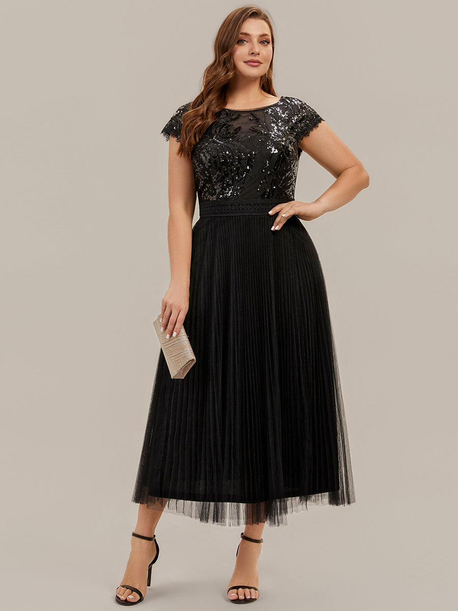 Color=Black | One Stop Shop Short Sleeve Cap Sequin Round Neck A-Line Tea Length Wedding Guest Dresses-Black 6