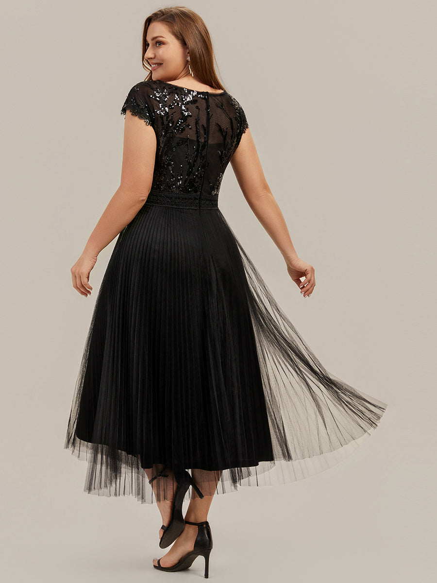 Color=Black | One Stop Shop Short Sleeve Cap Sequin Round Neck A-Line Tea Length Wedding Guest Dresses-Black 7