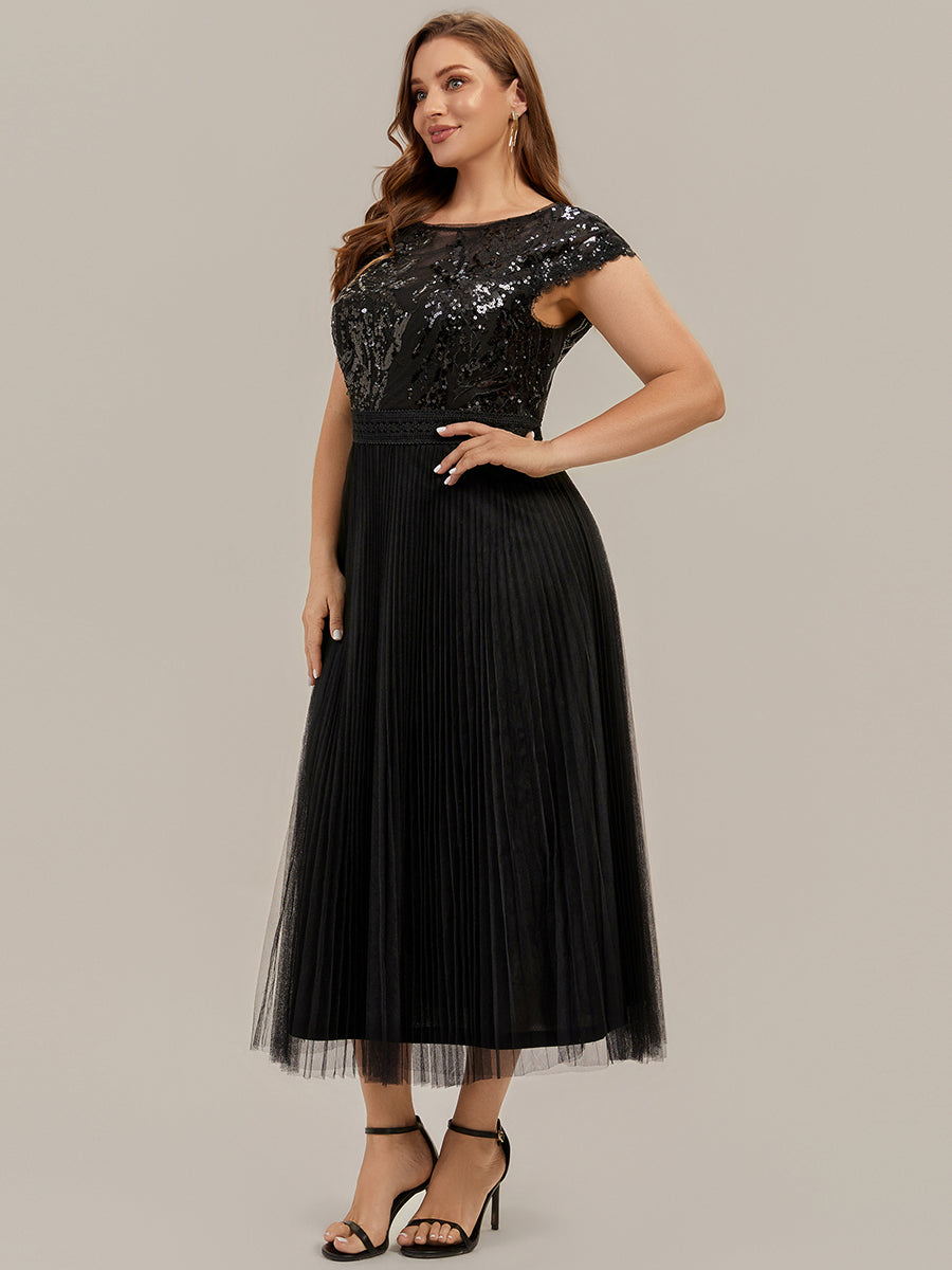 Color=Black | One Stop Shop Short Sleeve Cap Sequin Round Neck A-Line Tea Length Wedding Guest Dresses-Black 9
