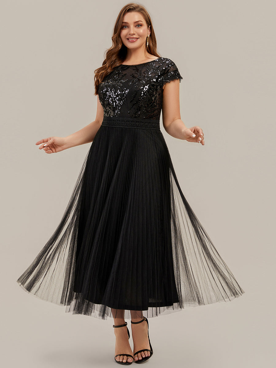 Color=Black | One Stop Shop Short Sleeve Cap Sequin Round Neck A-Line Tea Length Wedding Guest Dresses-Black 10