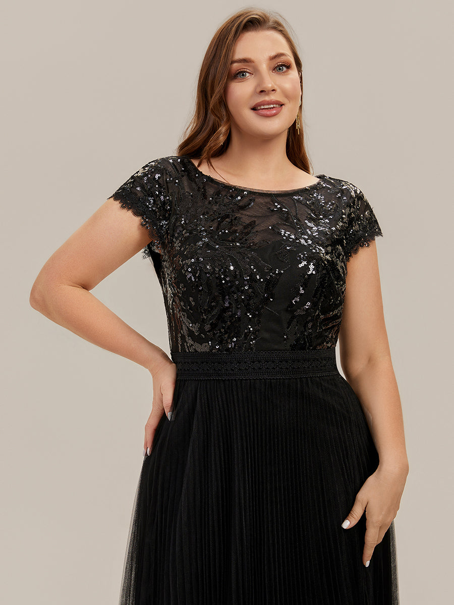 Color=Black | One Stop Shop Short Sleeve Cap Sequin Round Neck A-Line Tea Length Wedding Guest Dresses-Black 8