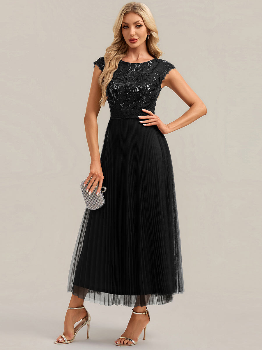 Color=Black | One Stop Shop Short Sleeve Cap Sequin Round Neck A-Line Tea Length Wedding Guest Dresses-Black 5