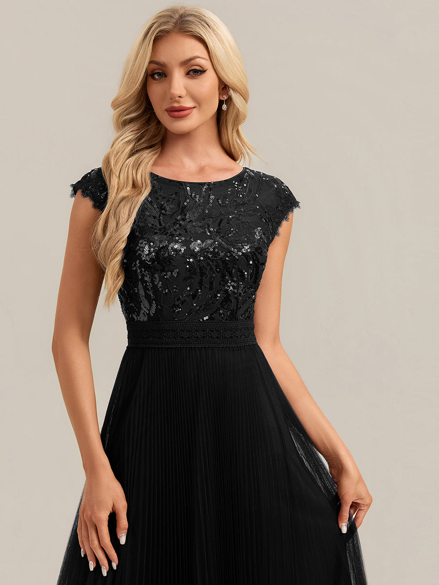 Color=Black | One Stop Shop Short Sleeve Cap Sequin Round Neck A-Line Tea Length Wedding Guest Dresses-Black 3