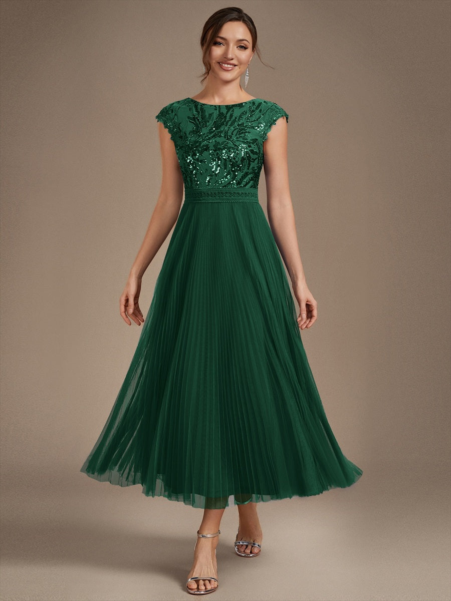 Color=Dark Green | Wholesale Pricing Short Sleeve Cap Sequin Round Neck A-Line Tea Length Wedding Guest Dresses-Dark Green 1