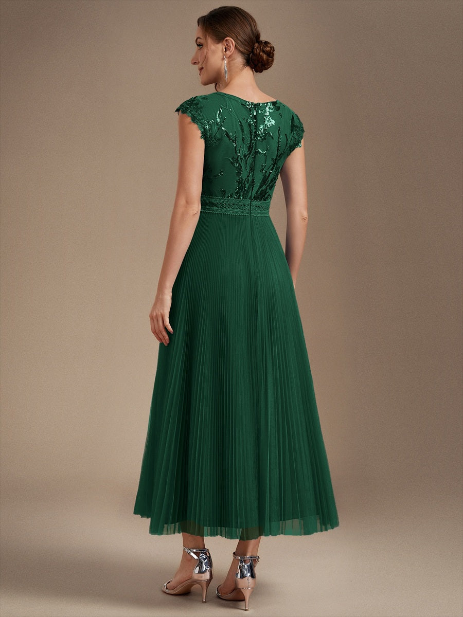 Color=Dark Green | Wholesale Pricing Short Sleeve Cap Sequin Round Neck A-Line Tea Length Wedding Guest Dresses-Dark Green 2