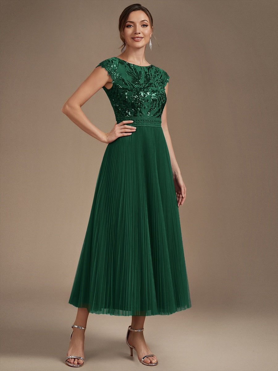 Color=Dark Green | Wholesale Pricing Short Sleeve Cap Sequin Round Neck A-Line Tea Length Wedding Guest Dresses-Dark Green 3