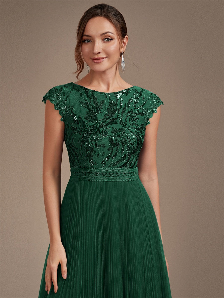 Color=Dark Green | Wholesale Pricing Short Sleeve Cap Sequin Round Neck A-Line Tea Length Wedding Guest Dresses-Dark Green 5