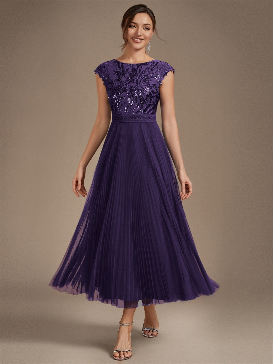 Color=Dark Purple | Wholesale Pricing Short Sleeve Cap Sequin Round Neck A-Line Tea Length Wedding Guest Dresses-Dark Purple 1