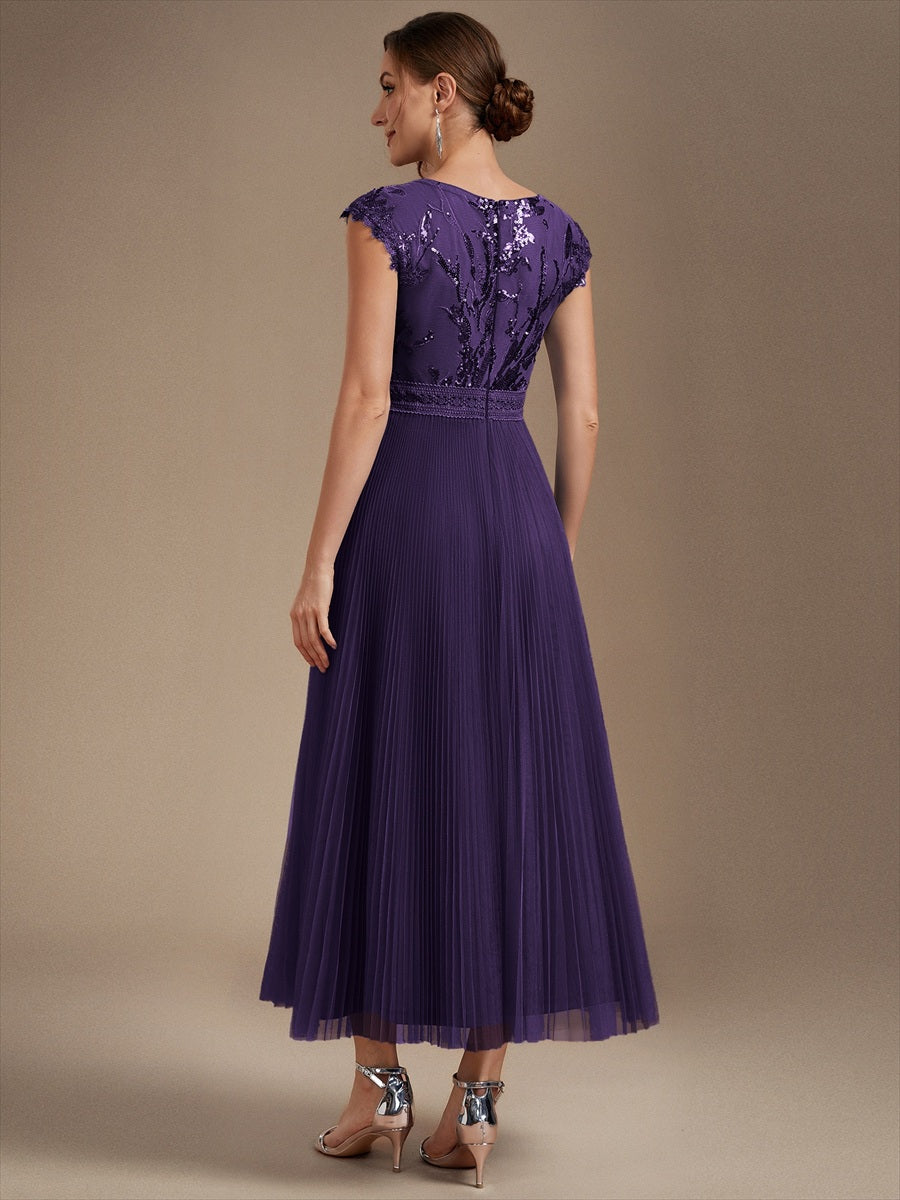 Color=Dark Purple | Wholesale Pricing Short Sleeve Cap Sequin Round Neck A-Line Tea Length Wedding Guest Dresses-Dark Purple 2