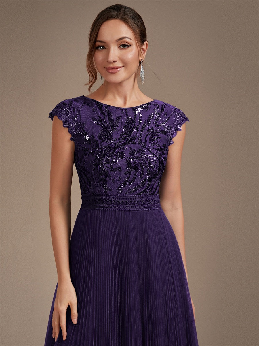 Color=Dark Purple | Wholesale Pricing Short Sleeve Cap Sequin Round Neck A-Line Tea Length Wedding Guest Dresses-Dark Purple 5