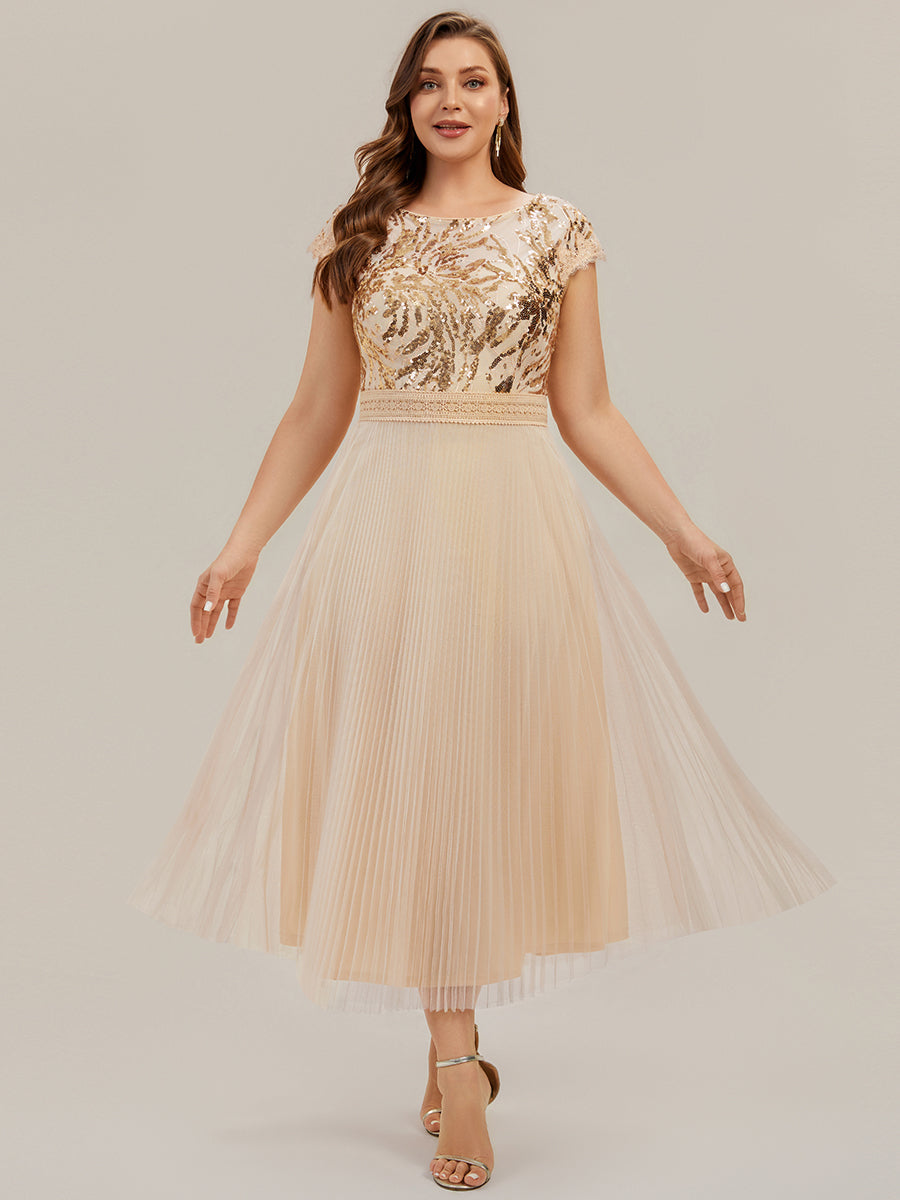 Color=Gold | One Stop Shop Short Sleeve Cap Sequin Round Neck A-Line Tea Length Wedding Guest Dresses-Gold 26
