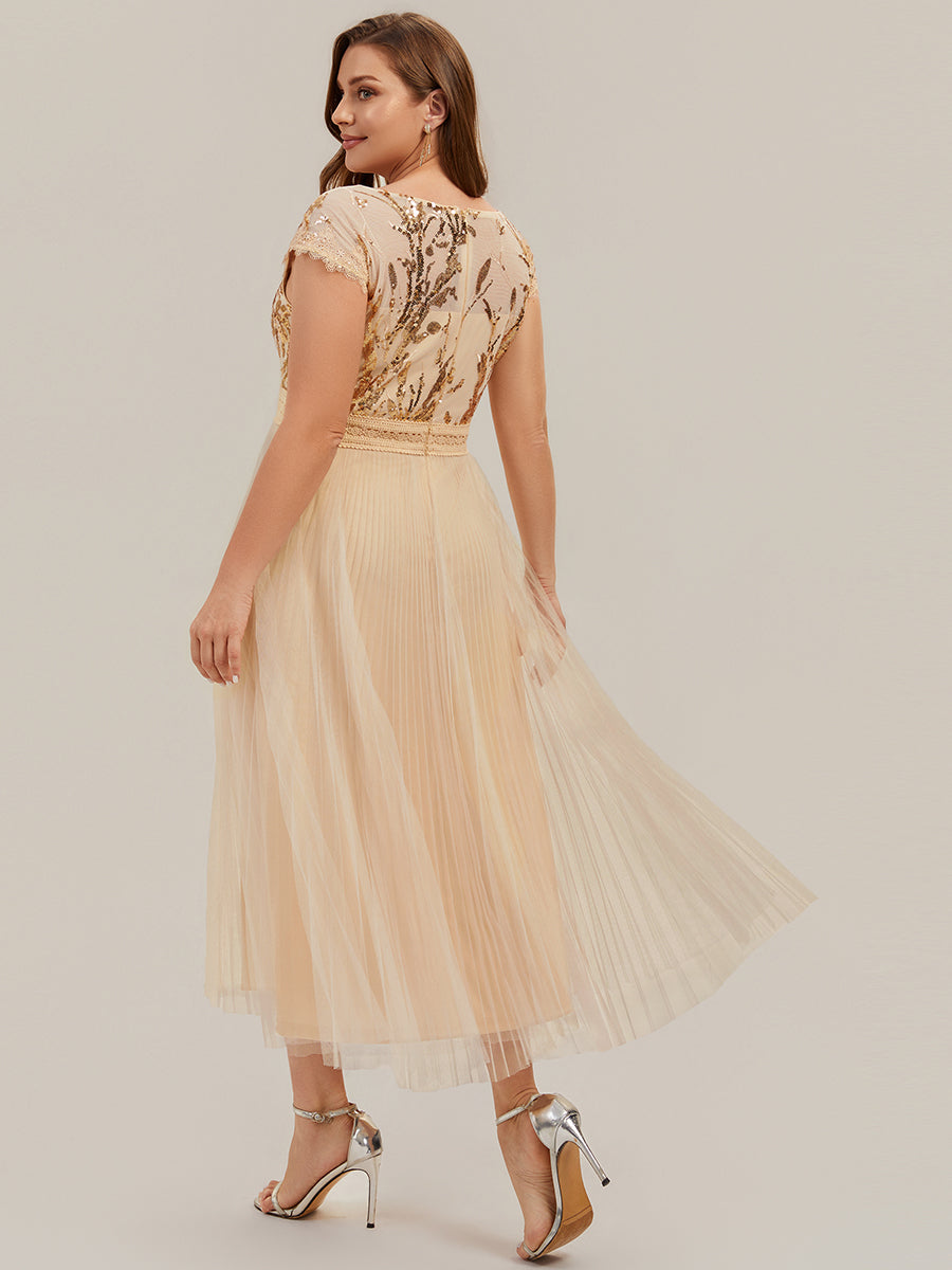 Color=Gold | One Stop Shop Short Sleeve Cap Sequin Round Neck A-Line Tea Length Wedding Guest Dresses-Gold 27