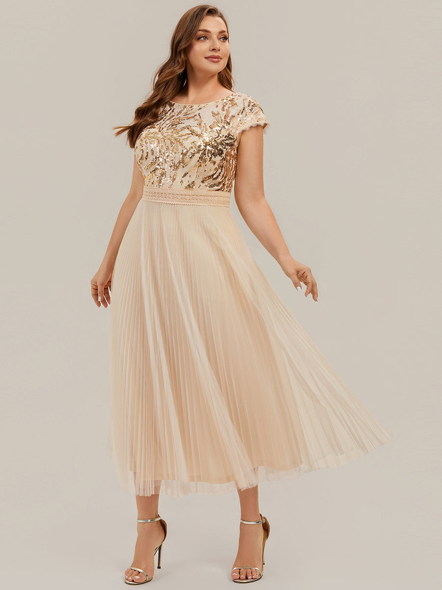 Color=Gold | One Stop Shop Short Sleeve Cap Sequin Round Neck A-Line Tea Length Wedding Guest Dresses-Gold 29