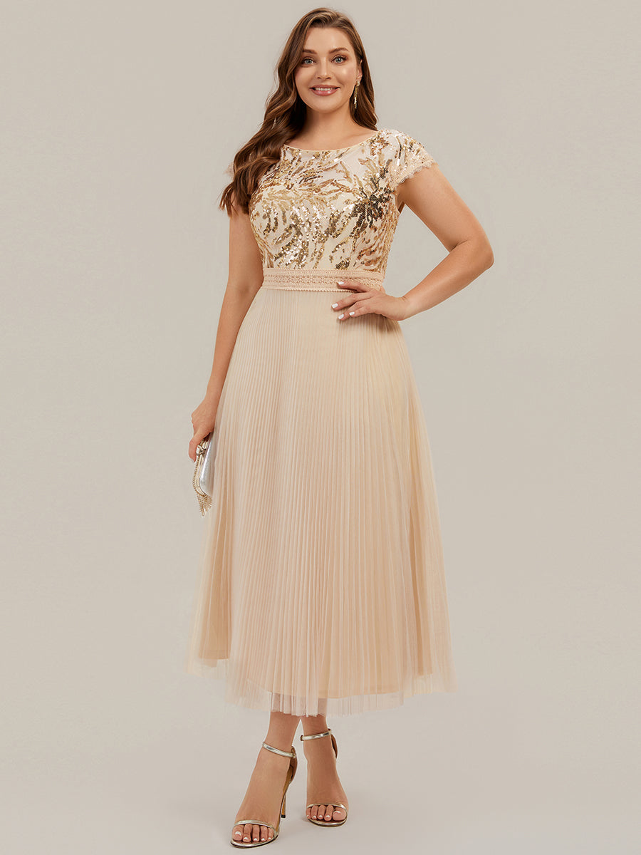 Color=Gold | One Stop Shop Short Sleeve Cap Sequin Round Neck A-Line Tea Length Wedding Guest Dresses-Gold 30