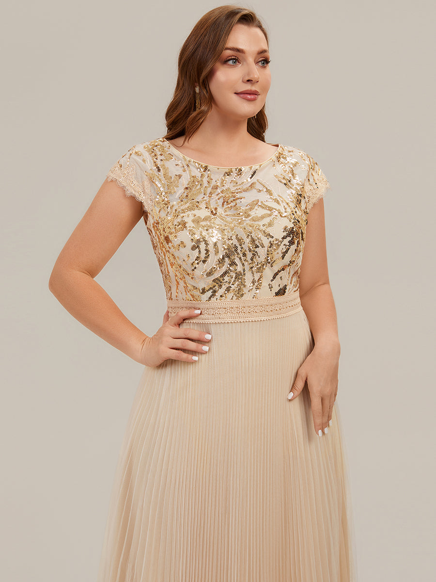 Color=Gold | One Stop Shop Short Sleeve Cap Sequin Round Neck A-Line Tea Length Wedding Guest Dresses-Gold 28