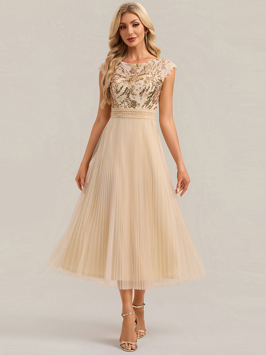 Color=Gold | One Stop Shop Short Sleeve Cap Sequin Round Neck A-Line Tea Length Wedding Guest Dresses-Gold 21