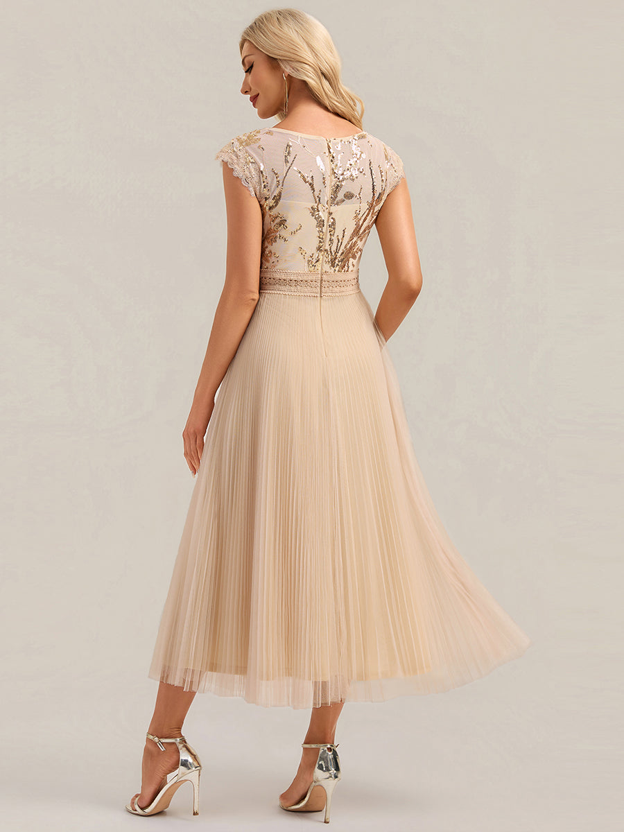 Color=Gold | One Stop Shop Short Sleeve Cap Sequin Round Neck A-Line Tea Length Wedding Guest Dresses-Gold 22