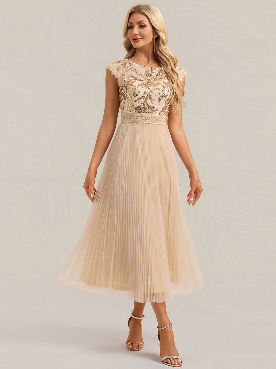 Color=Gold | One Stop Shop Short Sleeve Cap Sequin Round Neck A-Line Tea Length Wedding Guest Dresses-Gold 24