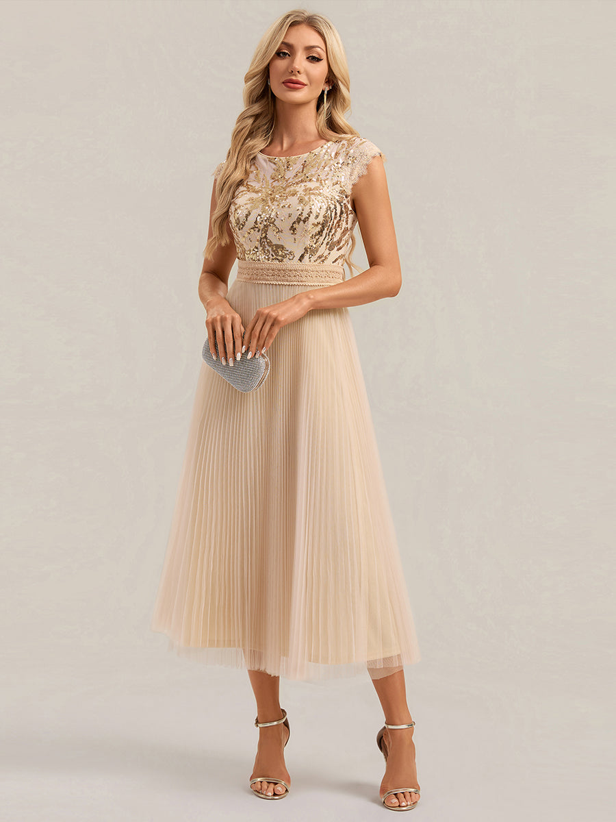 Color=Gold | One Stop Shop Short Sleeve Cap Sequin Round Neck A-Line Tea Length Wedding Guest Dresses-Gold 25