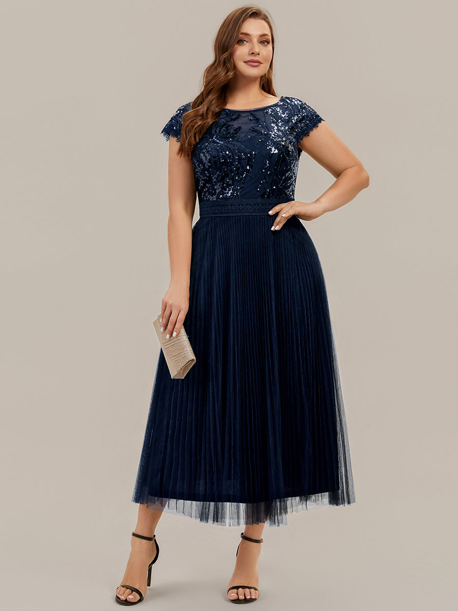 Color=Navy Blue | One Stop Shop Short Sleeve Cap Sequin Round Neck A-Line Tea Length Wedding Guest Dresses-Navy Blue 36