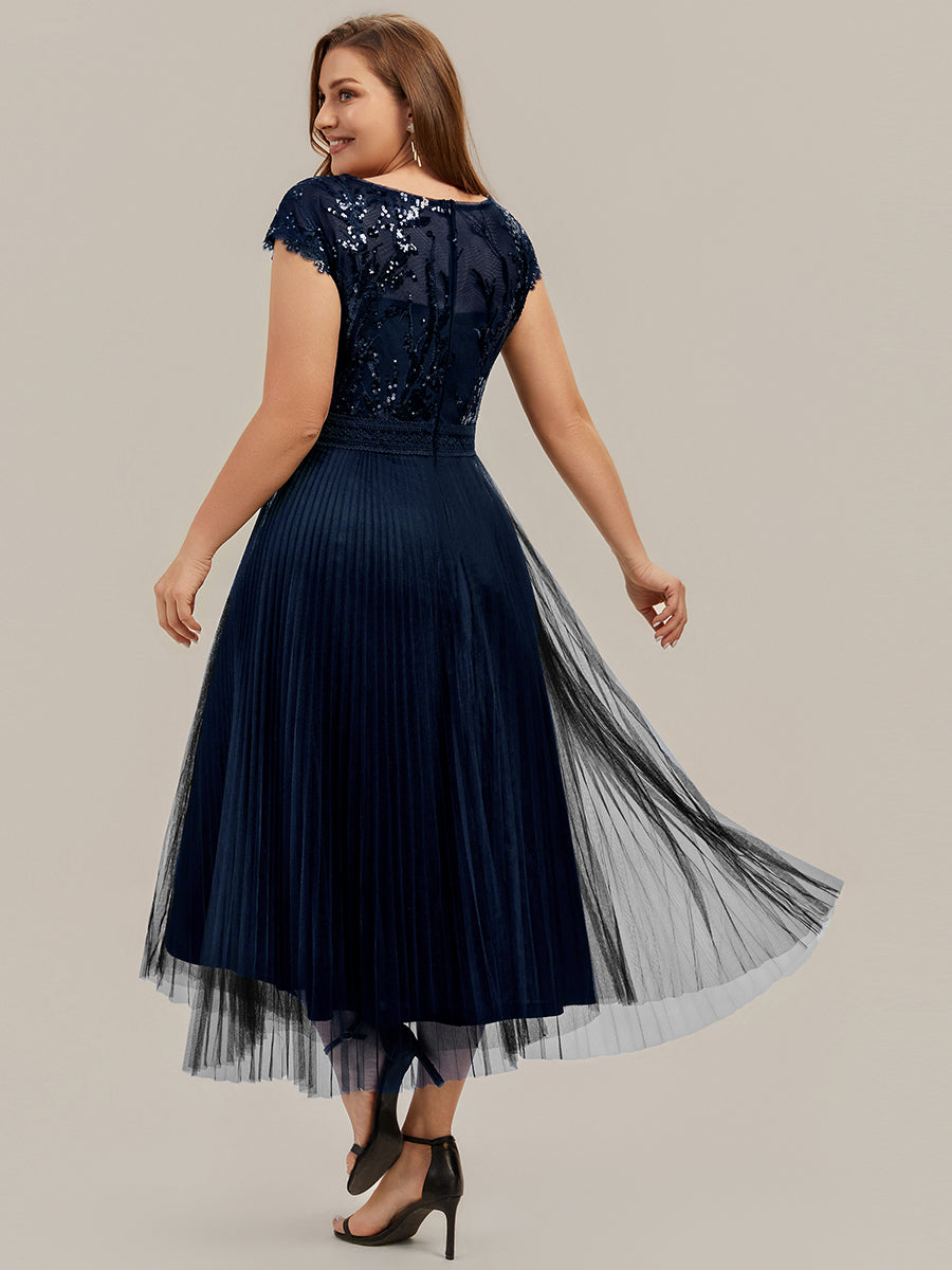Color=Navy Blue | One Stop Shop Short Sleeve Cap Sequin Round Neck A-Line Tea Length Wedding Guest Dresses-Navy Blue 37