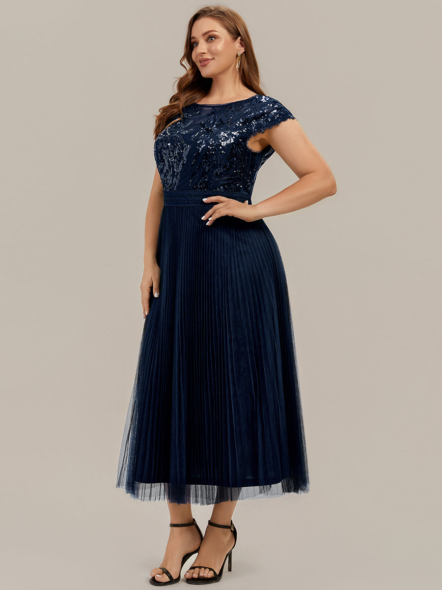 Color=Navy Blue | One Stop Shop Short Sleeve Cap Sequin Round Neck A-Line Tea Length Wedding Guest Dresses-Navy Blue 39