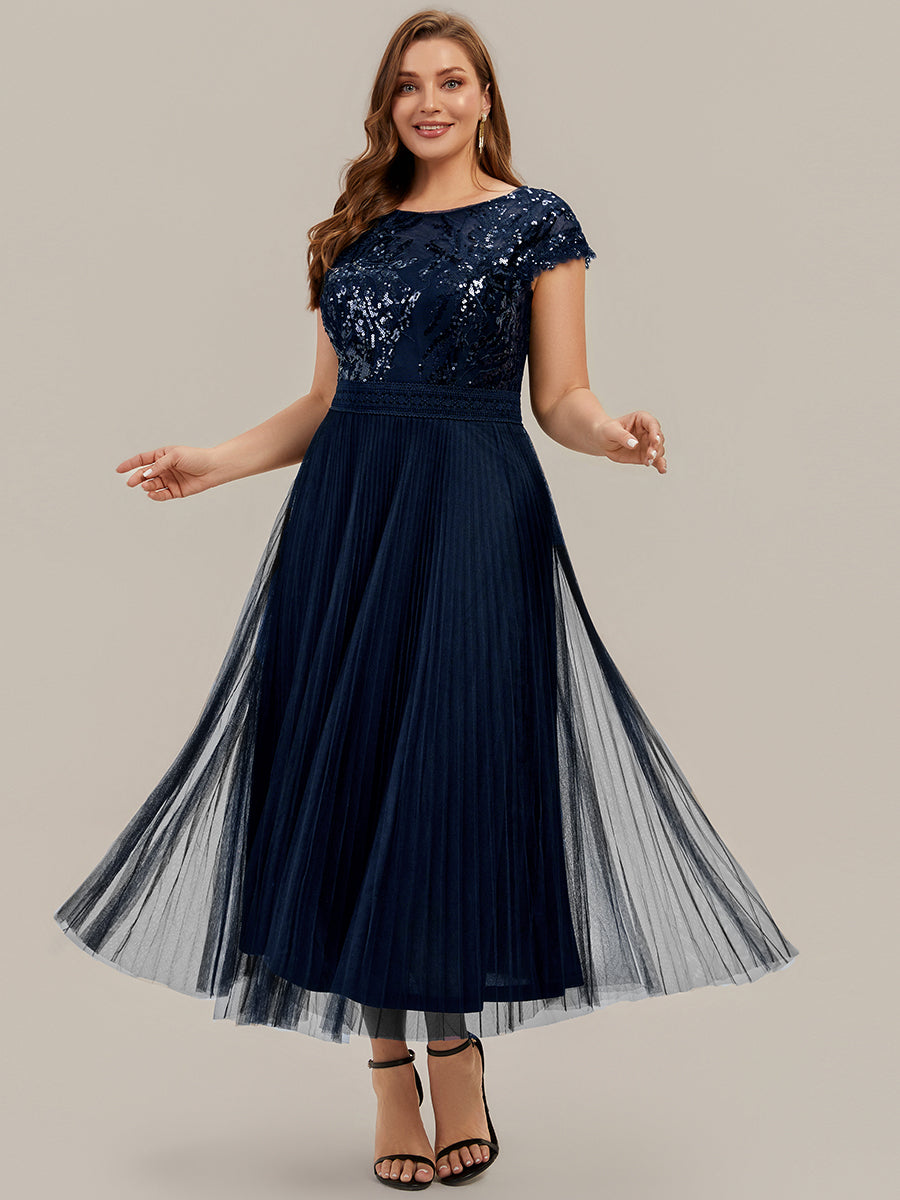 Color=Navy Blue | One Stop Shop Short Sleeve Cap Sequin Round Neck A-Line Tea Length Wedding Guest Dresses-Navy Blue 40