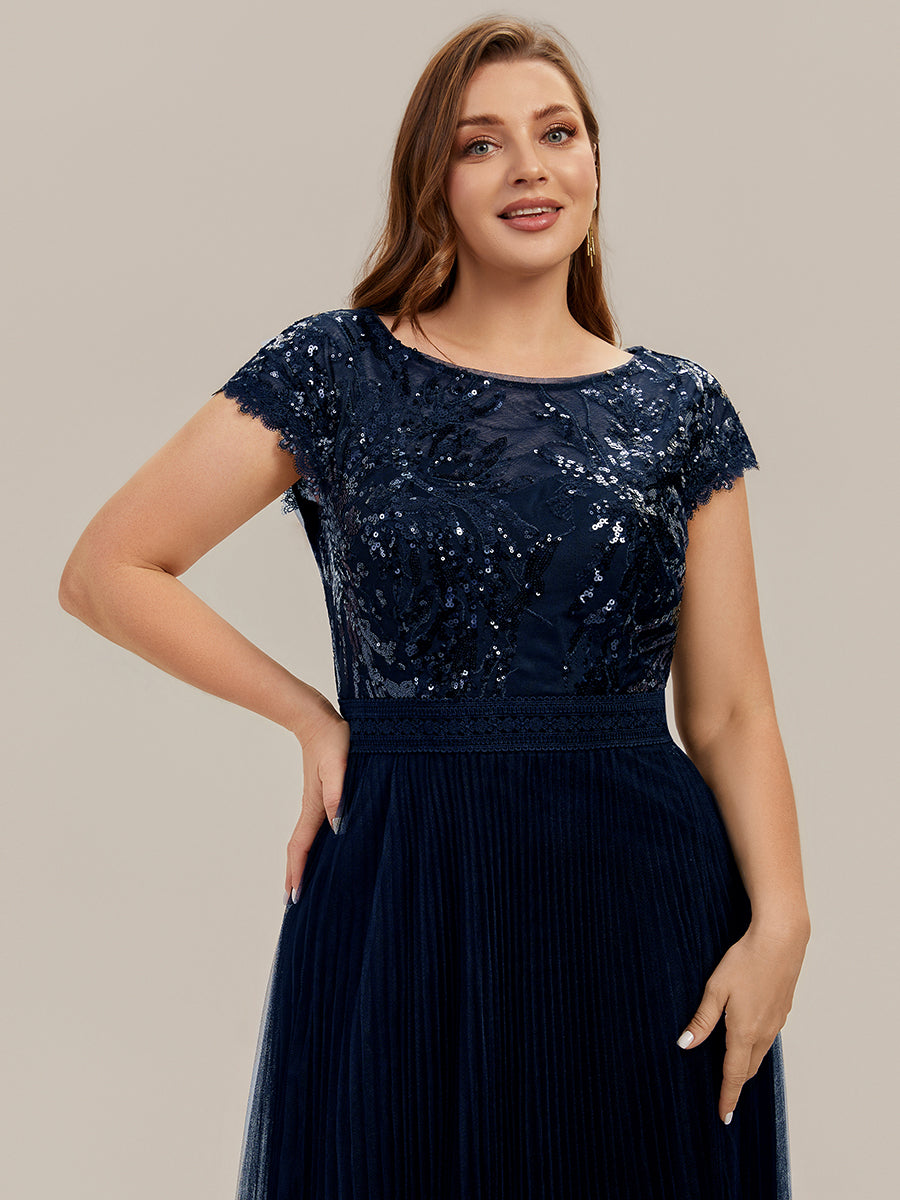 Color=Navy Blue | One Stop Shop Short Sleeve Cap Sequin Round Neck A-Line Tea Length Wedding Guest Dresses-Navy Blue 38