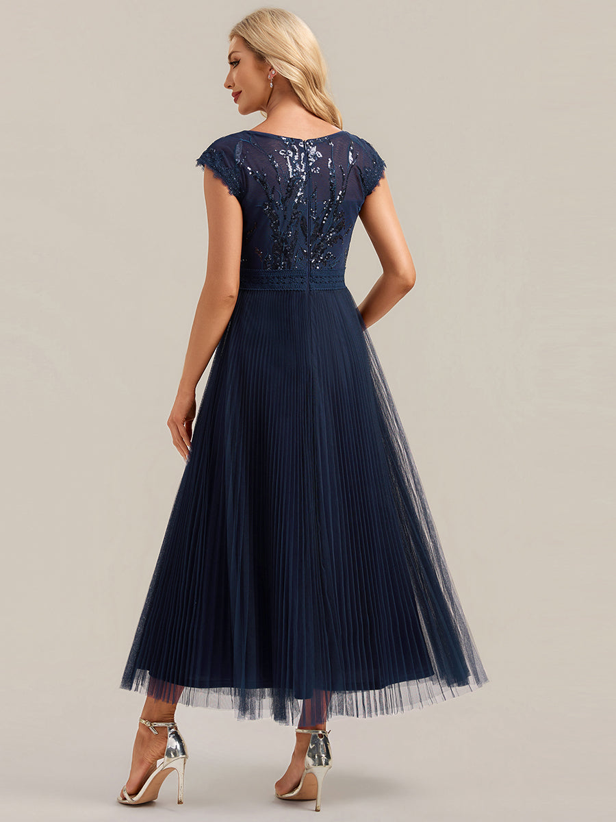 Color=Navy Blue | One Stop Shop Short Sleeve Cap Sequin Round Neck A-Line Tea Length Wedding Guest Dresses-Navy Blue 32