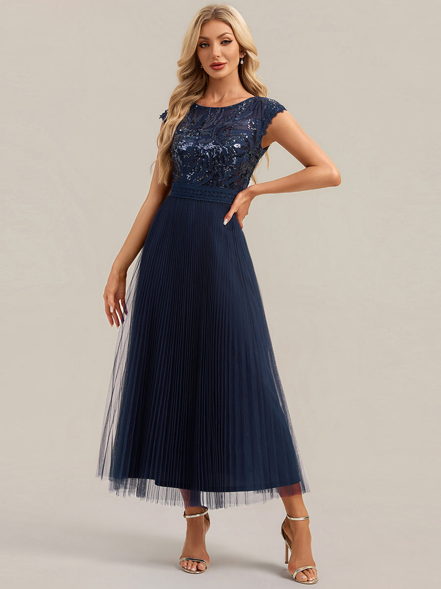 Color=Navy Blue | One Stop Shop Short Sleeve Cap Sequin Round Neck A-Line Tea Length Wedding Guest Dresses-Navy Blue 34