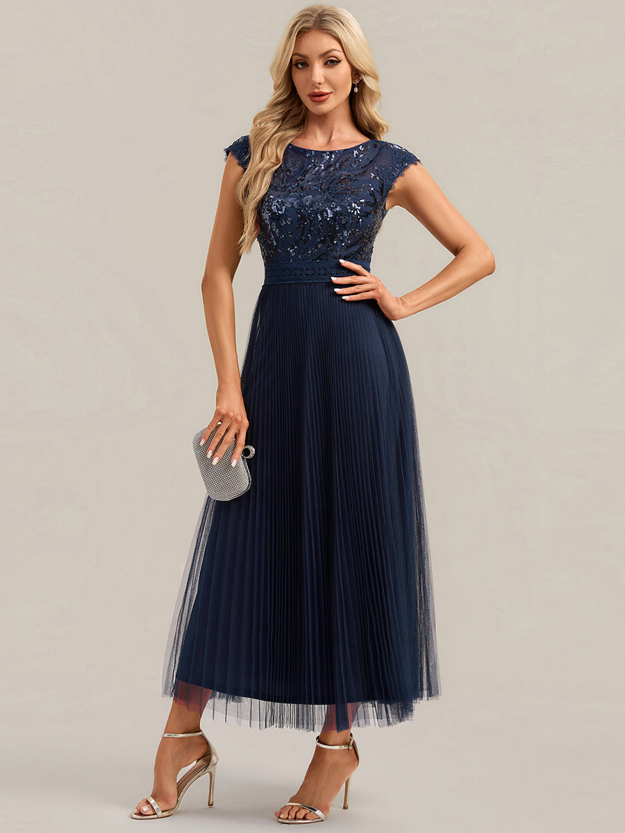 Color=Navy Blue | One Stop Shop Short Sleeve Cap Sequin Round Neck A-Line Tea Length Wedding Guest Dresses-Navy Blue 35
