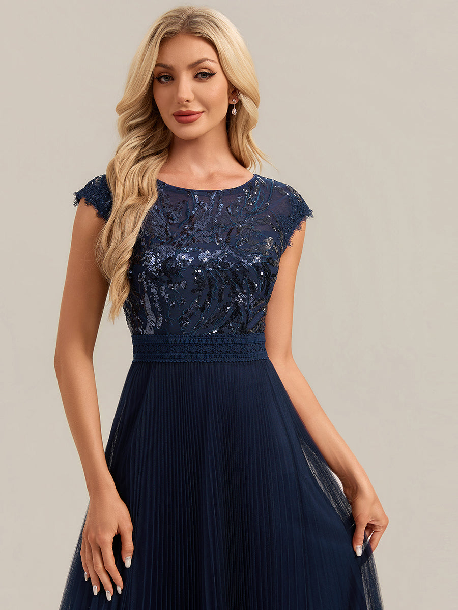 Color=Navy Blue | One Stop Shop Short Sleeve Cap Sequin Round Neck A-Line Tea Length Wedding Guest Dresses-Navy Blue 33