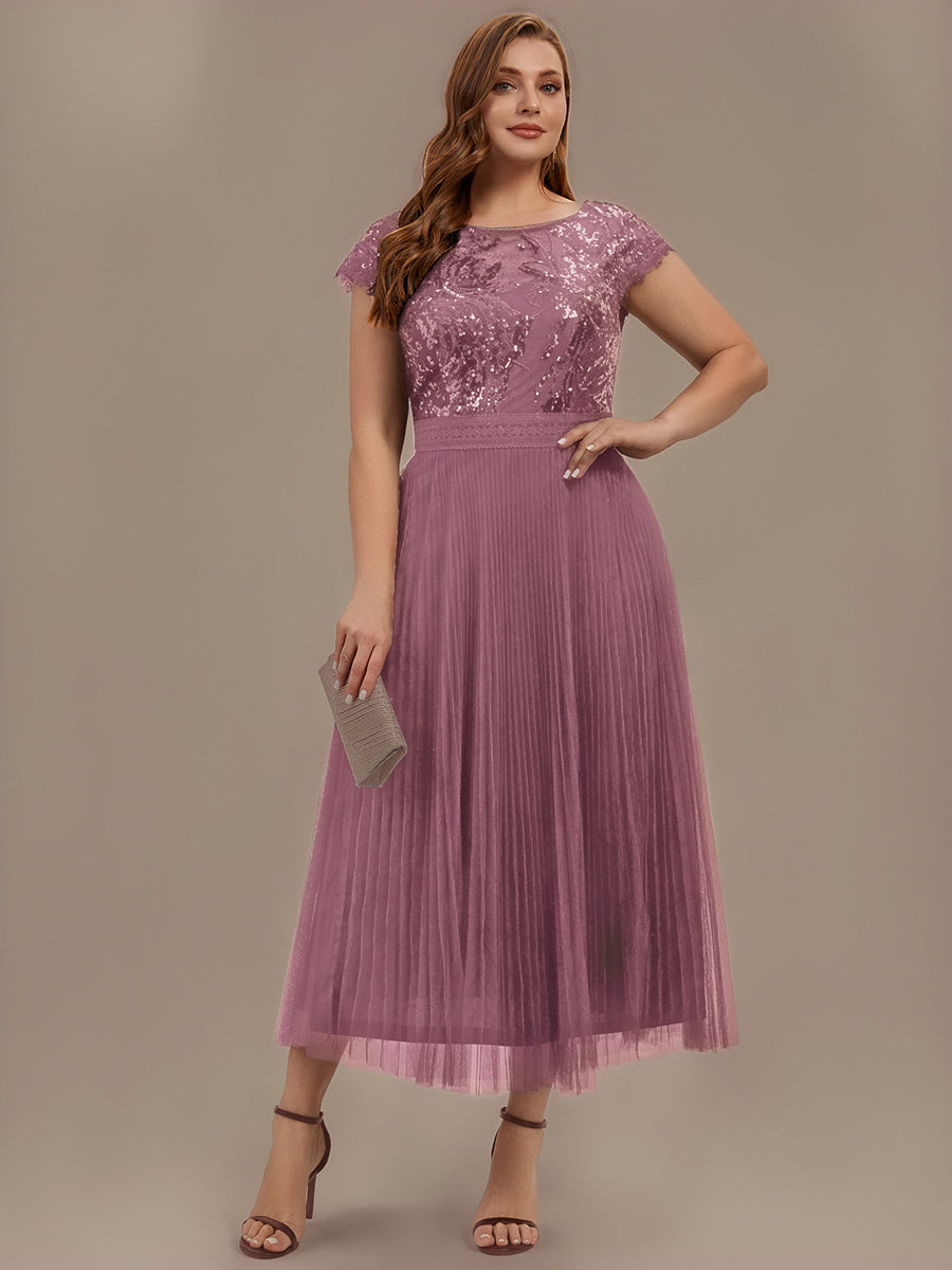 Color=Purple Orchid | One Stop Shop Short Sleeve Cap Sequin Round Neck A-Line Tea Length Wedding Guest Dresses-Purple Orchid 46